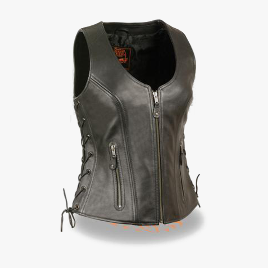 Womens Open Neck Side Lace Front Zipper Black Leather Vest With Gun Pockets