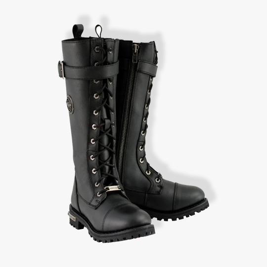Milwaukee Leather MBL9355 Women’s Black 14-Inch Lace-Up High-Rise Leather Boots With Calf Buckle