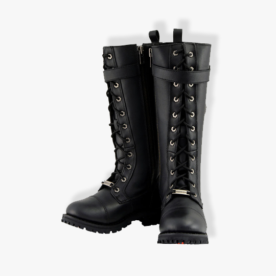 Milwaukee Leather MBL9355 Women’s Black 14-Inch Lace-Up High-Rise Leather Boots With Calf Buckle