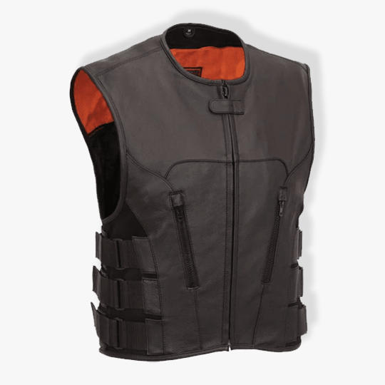 Mens SWAT Style Zipper Front Cowhide Leather Vest